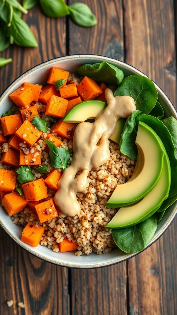 Quinoa Bowl with Sweet Potatoes A colorful quinoa bowl with sweet potatoes, spinach, and avocado, garnished with tahini dressing on a wooden table.